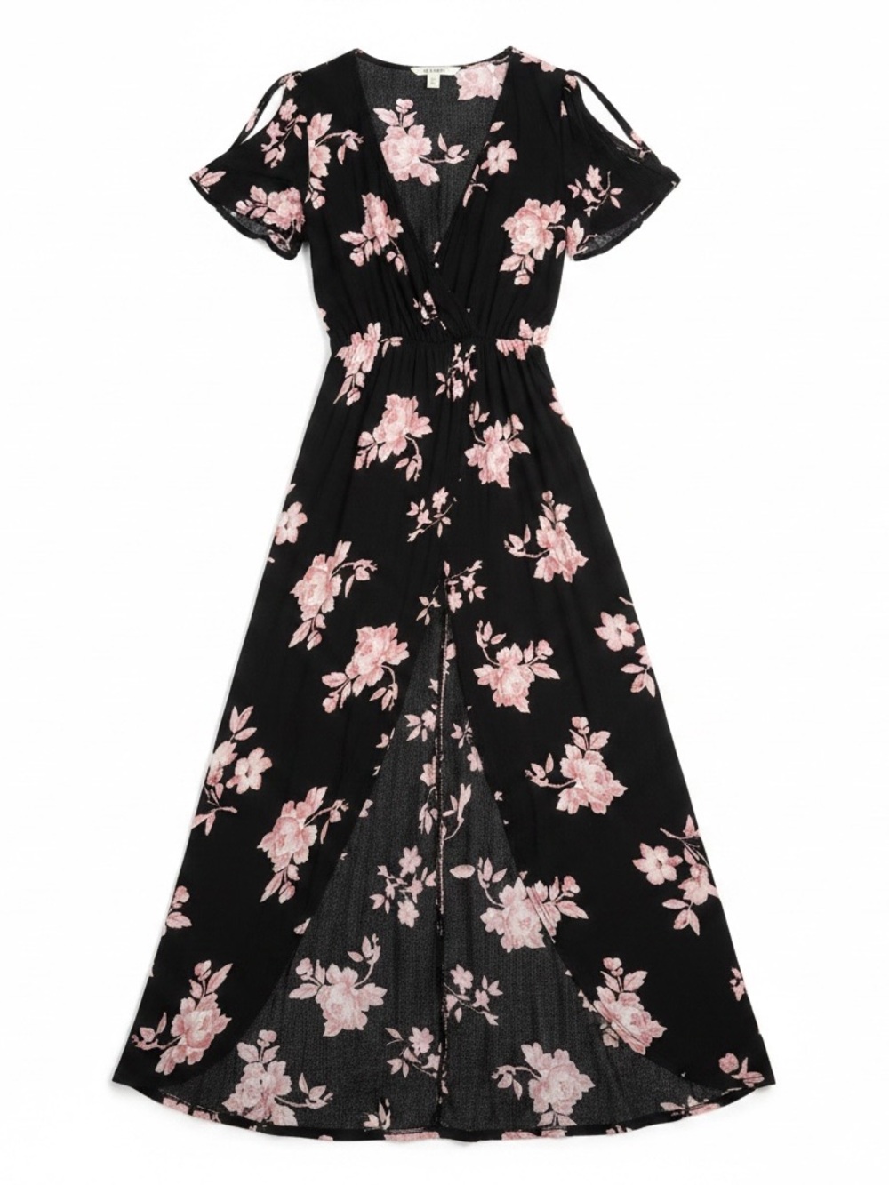 Miami Floral Maxi Romper Dress Black Pink Slit Sleeve Walk Through Dress XS